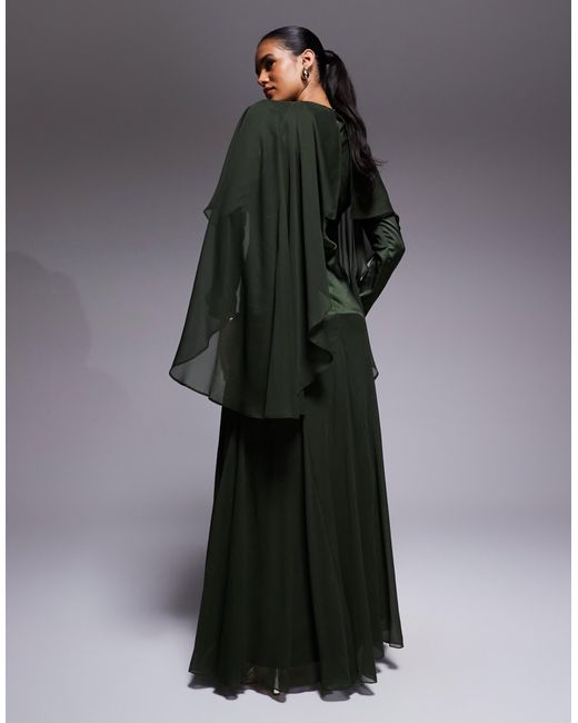 ASOS Black Cape Detail Ruffle Chiffon Satin Mix Maxi Dress