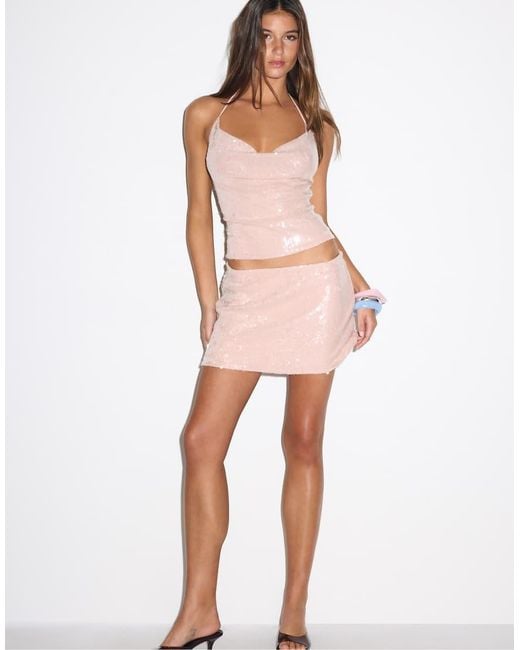 Stradivarius Pink Sequin Mini Skirt