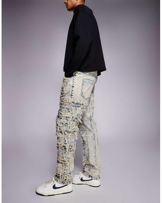 Liquor N Poker Blue Relaxed Stacked Rip Repair Denim Jeans for men