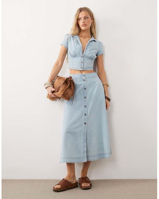 Free People Blue Easy Does It Denim Blouse And Midaxi Skirt Set