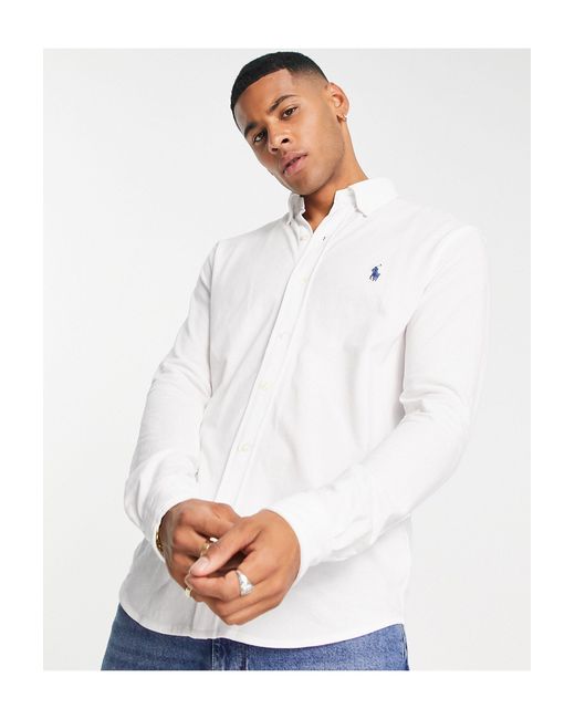 Polo Ralph Lauren Pique Shirt Slim Fit Button Down Player Logo in White