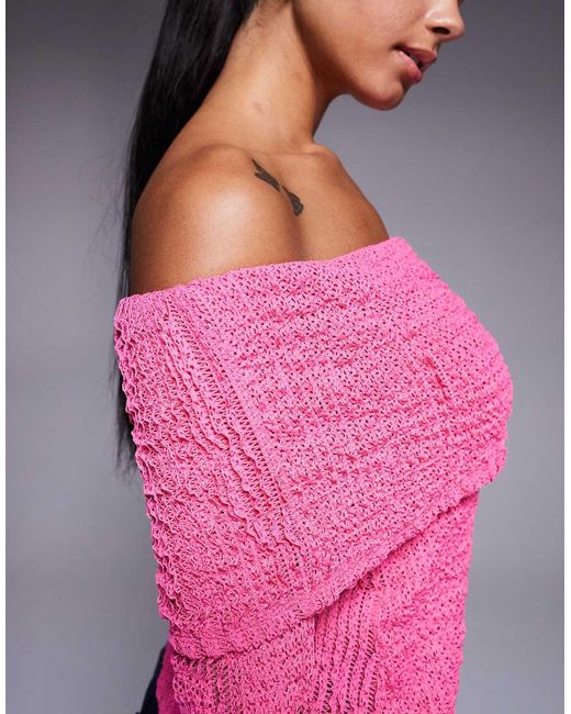 ASOS Pink Crochet Semi Sheer Bardot Top With Asymmetric Hem