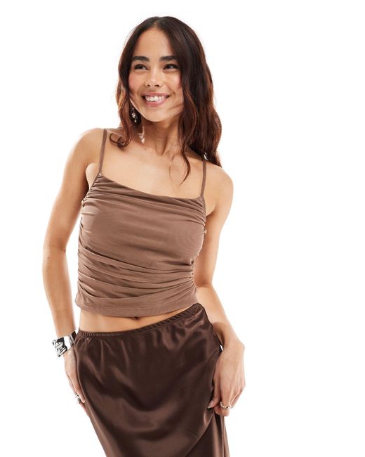 New Look Brown Ruched Mesh Cami Top
