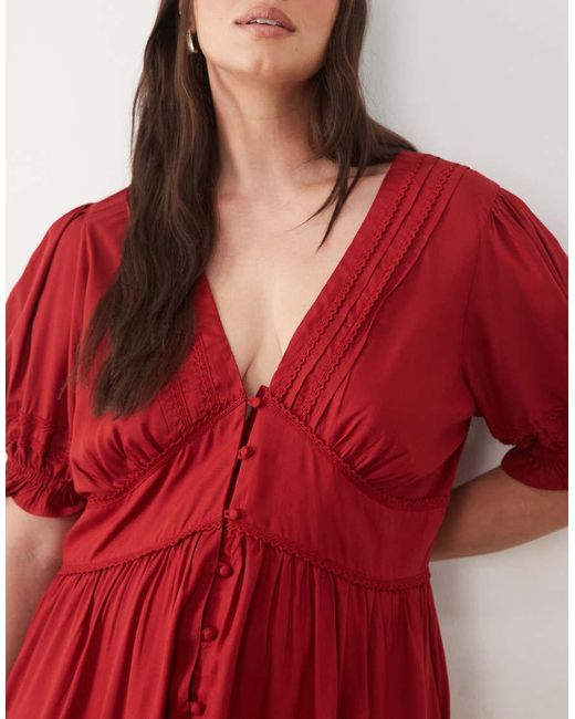 Nobody's Child Red Button Front V-neck Puff Sleeve Midi Dress