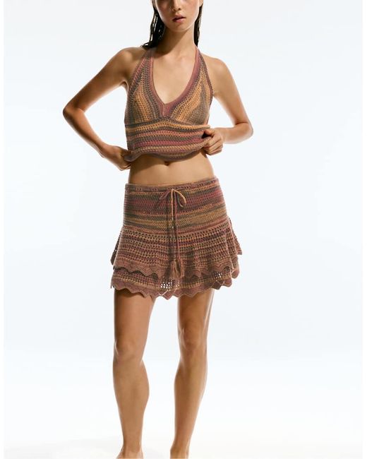 Pull&Bear Gehaakte Mini Rok Met Ruches in het Brown
