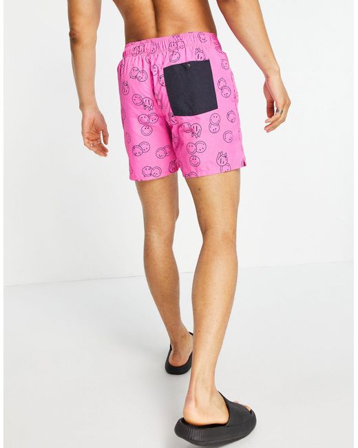 Pull&Bear Smiley Swim Shorts in Pink for Men | Lyst