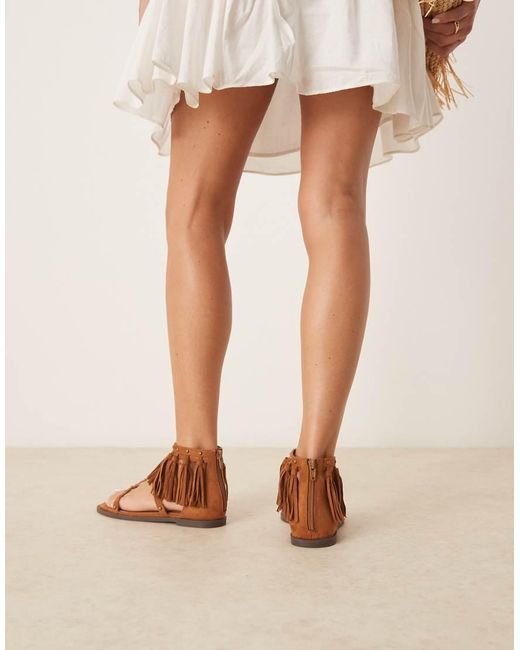 ASOS Brown Feather Studded Fringe Flat Sandals