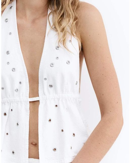 Pull&Bear White Halter Top With Eyelets
