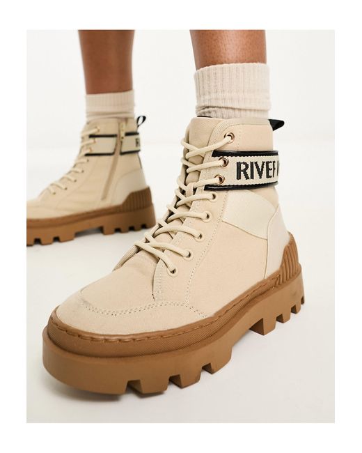 River Island Canvas Boot With Logo in Natural | Lyst Australia