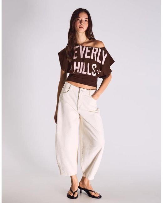 Bershka Brown Asymmetric Print Short Sleeve T-shirt