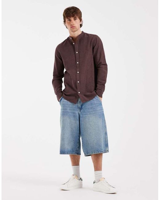 Only & Sons Brown Linen Mix Grandad Collar Shirt for men