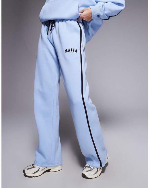 Kaiia Blue Cotton Rich Embroidered Logo Contrast Stripe Detail Wide Leg joggers Co-ord