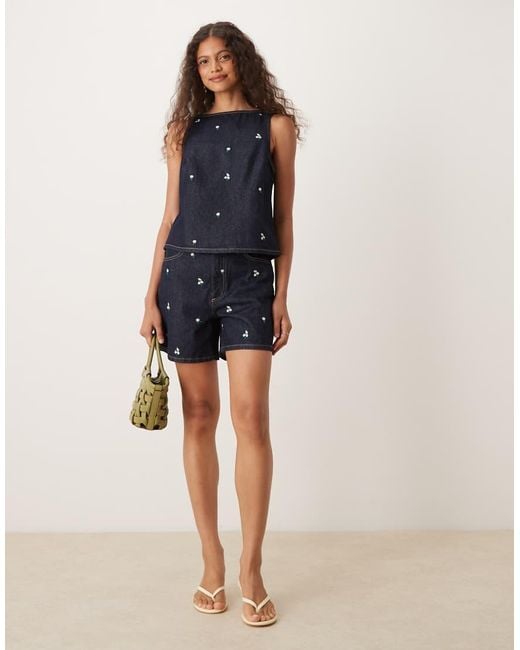 ASOS Blue Denim Shift Top With Embroidered Ditsy Floral Co-ord