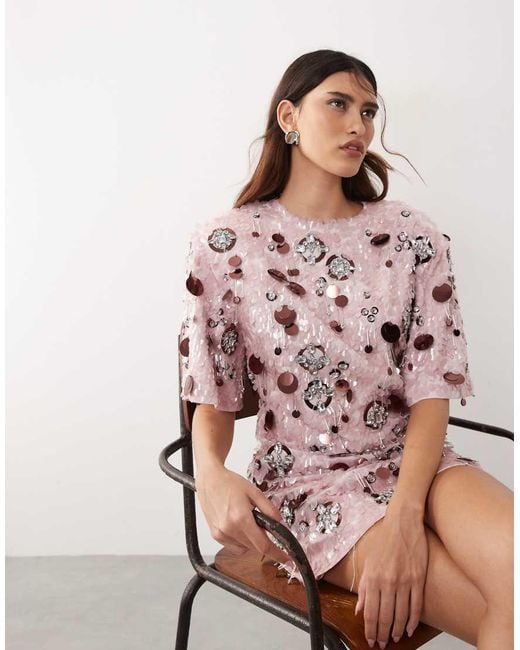 ARRANGE Pink Futurist Paillette Embellished Strong Shoulder T-shirt Mini Dress