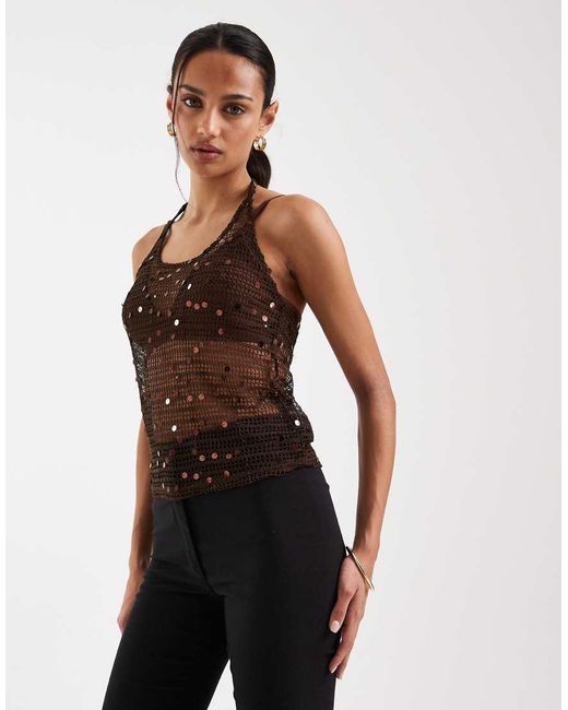 JJXX Natural Crochet Halter Top With Sequins