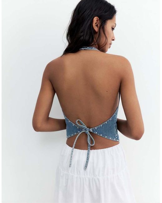 Pull&Bear Blue Star Print Denim Waistcoat