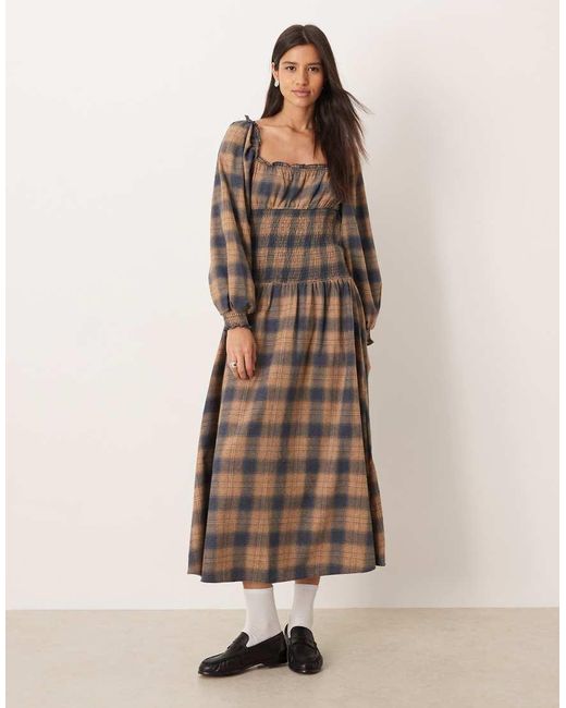 ASOS Natural Scoop Neck Midi Dress With Shirred Bodice