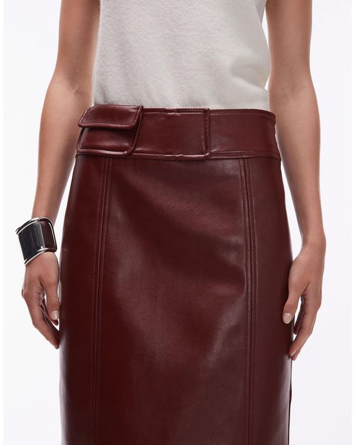 ASOS Red Faux Leather Waistband Pocket Detail Midi Skirt