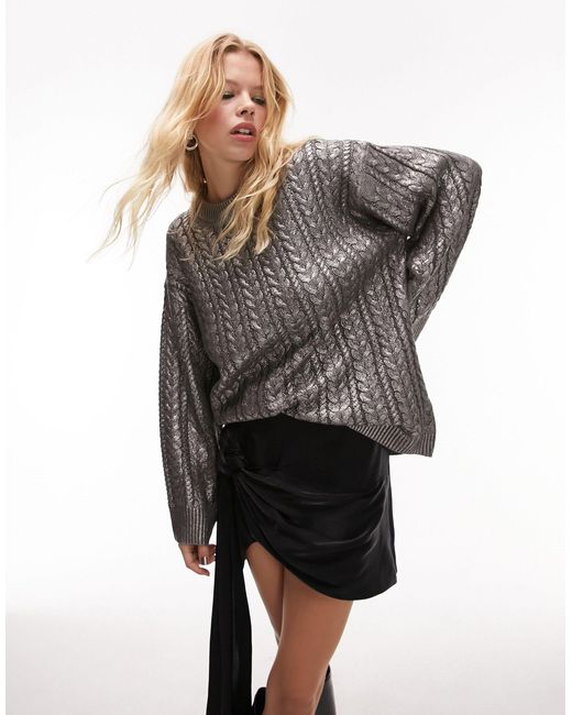 TOPSHOP Gray Premium Knitted Metallic Printed Cable Sweater
