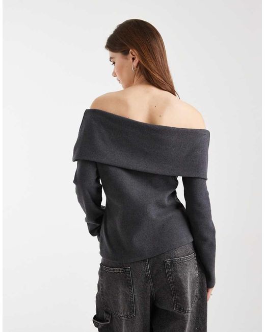 ASOS Black Folded Over Shoulder Long Sleeve Ribbed Top