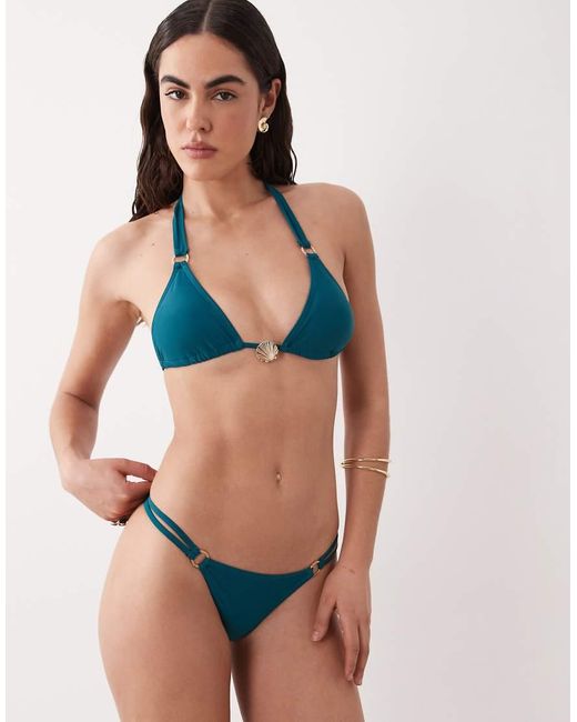 Aray Blue Textured Triangle Bikini Set With Hardware Detail