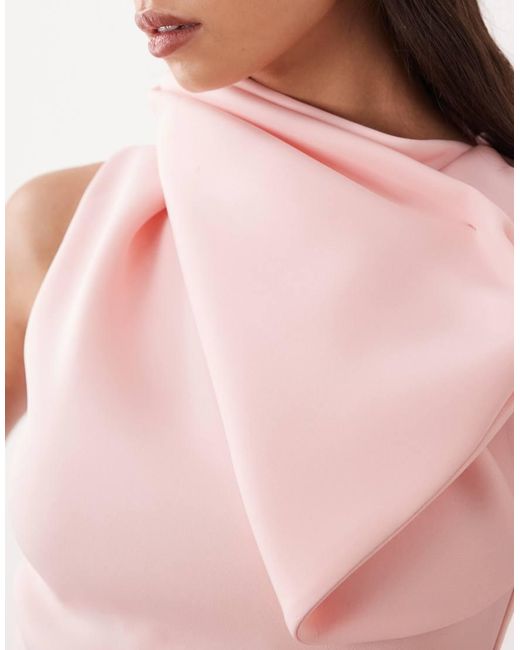 ASOS Pink High Neck Fallen Bow Detail Midi Dress