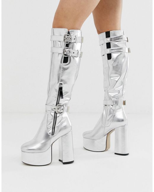 Lamoda Metallic Silver Platform Knee High Boots