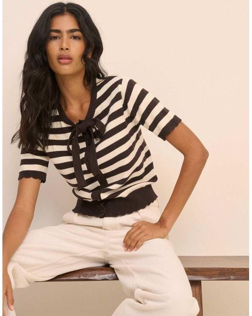Nobody's Child Black Stripe Short Sleeve Tie Neck Cardigan