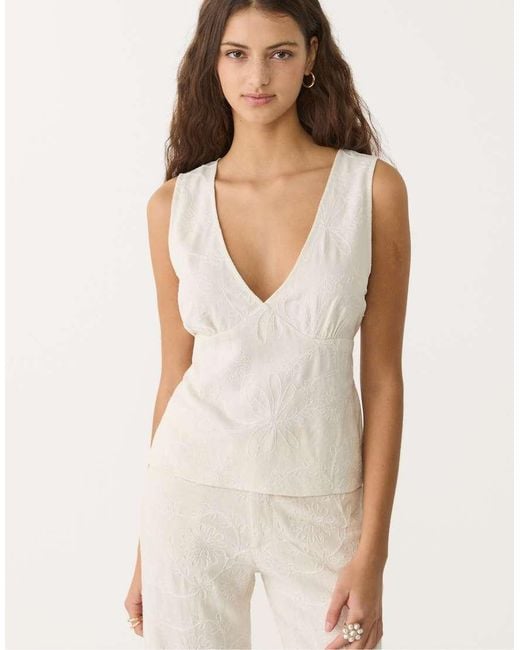 Stradivarius White Co-ord Embroidered V Neck Vest Top
