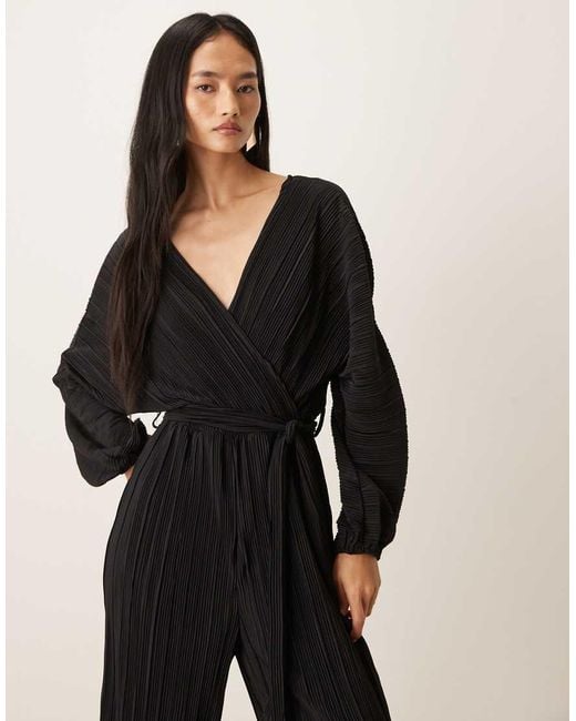 Y.A.S Natural Long Sleeve Tie Waist Plisse Jumpsuit