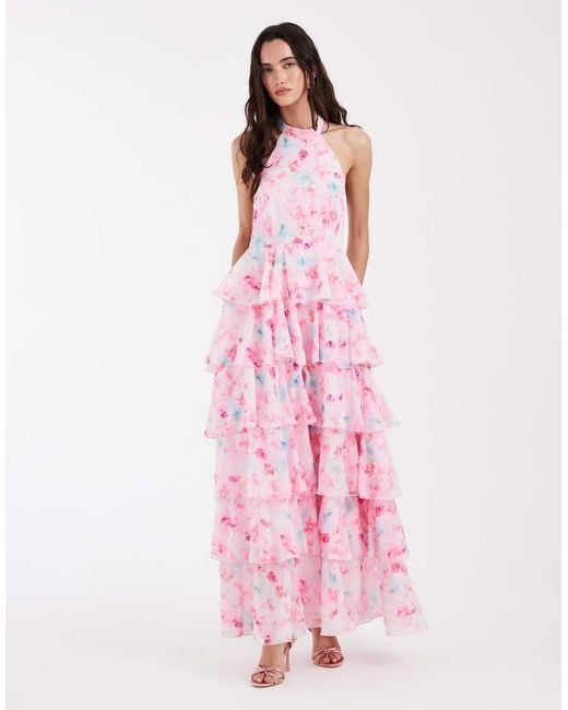 Vero Moda Pink Felicia Halter Neck Tiered Maxi Dress