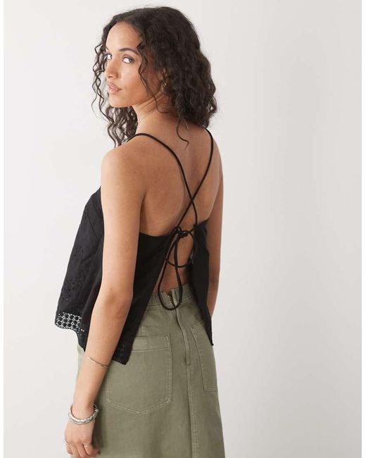 Collusion Black Open Back Crochet Patch Work Cami Top