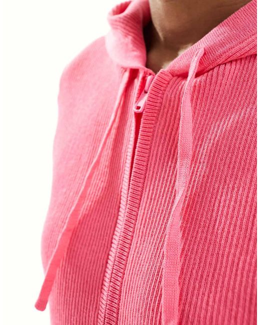 Monki Pink Knitted Zip Through Cardigan With Hood
