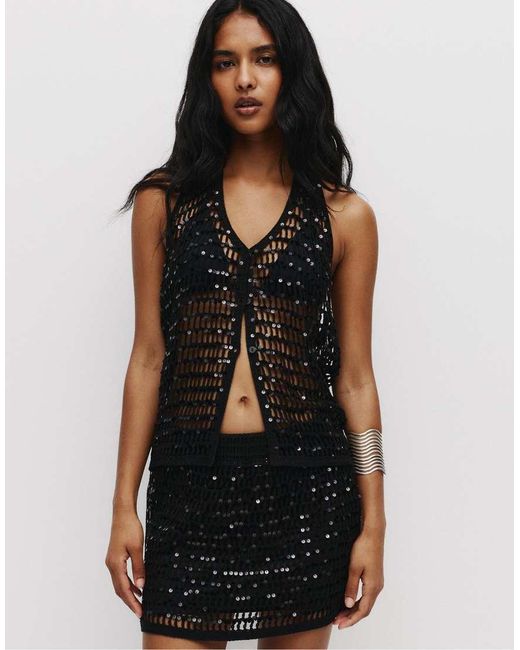 Pull&Bear Black Sequined Crochet Halter Top