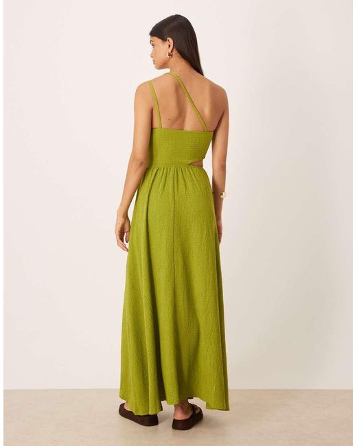ASOS Green Textured One Shoulder Cut Out Waist With Hardware Detail Maxi Dress