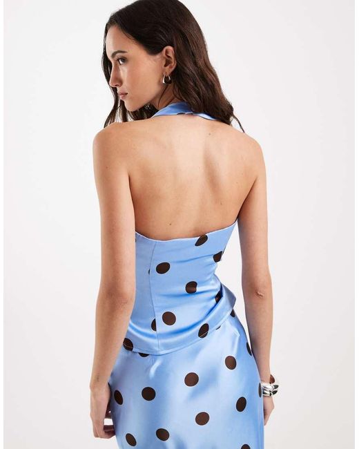 4th & Reckless Blue Satin Halterneck Drape Waist Detail Top Co-ord
