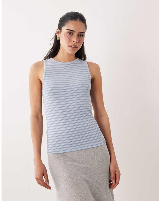 Mango Blue Cotton Rich Boat Neck Sleeveless Top