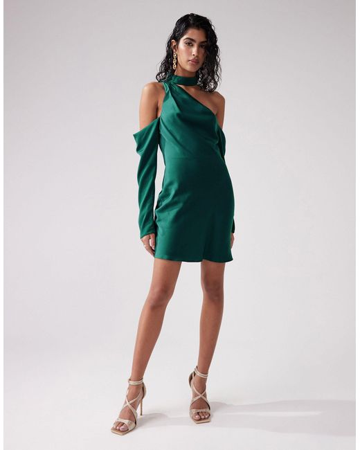 ASOS Green Satin Asymmetric Mini Dress With Cold Shoulder Detail