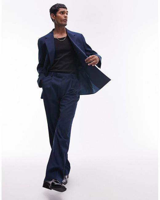 Topman Blue Straight Highwaist Relaxed Trousers for men