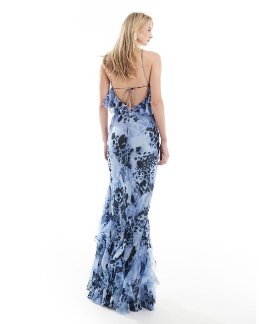 Asos design tall - robe longue coupée en biais à dos nu avec ourlet volanté et imprimé animal - bleu ASOS en coloris Blue
