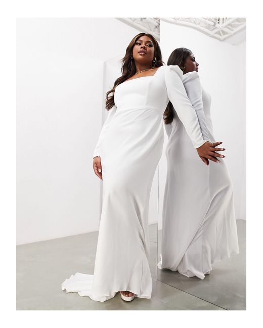 ASOS Curve Gigi Satin Square Neck Long Sleeve Wedding Dress in Grey