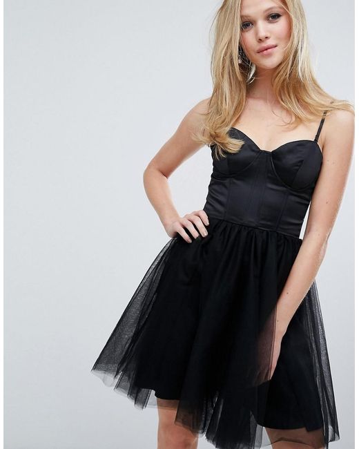 Chi Chi London Black Sweetheart Tulle Mini Dress With Corset Detail