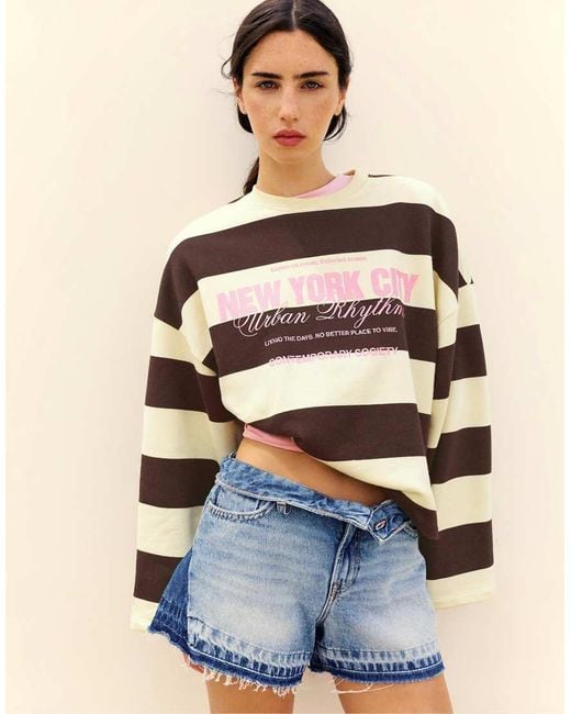 Pull&Bear Gray Oversize Striped Sweatshirt