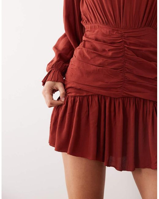 Mango Red Teen Ruched Long Sleeve Mini Dress