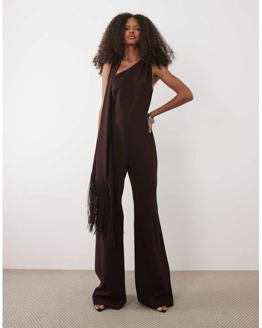 Mango Brown One Shoulder Jumpsuit With Tassel Scarf
