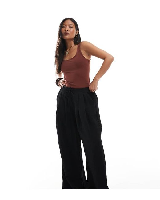 Stradivarius Black Petite Wide Leg Crinkle Tie Waist Trouser