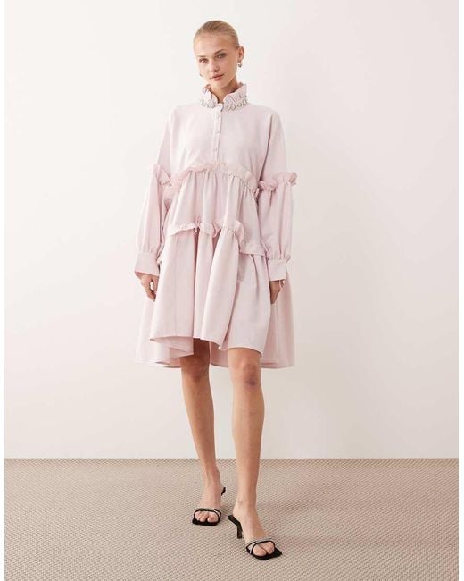 Sister Jane Pink Dream Rising Sun Cotton Smock Embellished Collar Mini Dress