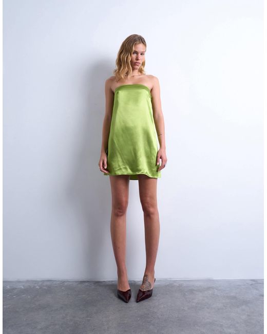 TOPSHOP Green – trägerloses minikleid aus satin