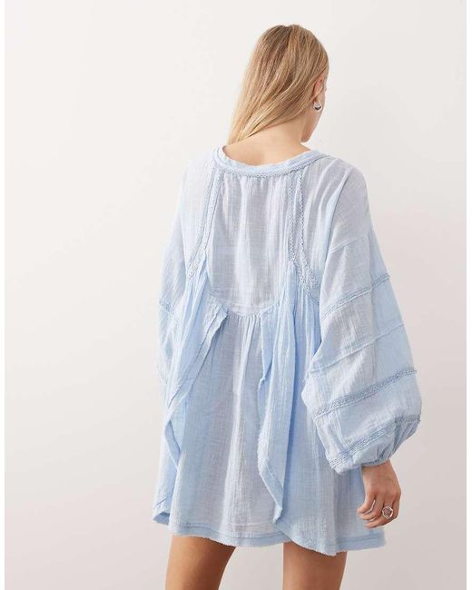 ASOS Blue V Neck Laundered Smock Mini Dress