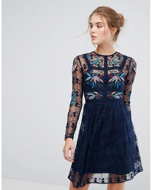 Frock and Frill Blue Floral Embroidered Skater Mini Dress With Lace Trim